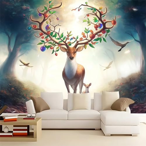 Papier Peint Panoramique 3D Cerf de La ForêT Des Animaux, Papier Peint Intissé Tapisserie Poster Mural Multi pour Salon Chambre Décoration Murale 250 x 175 CM
