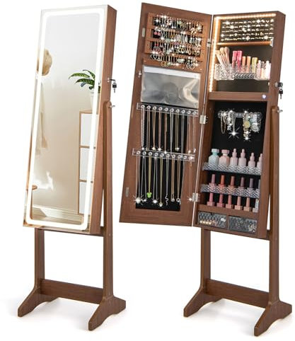 GOPLUS Armoire à Bijoux avec Miroir sur Pied, Armoire a Bijoux Verrouillable avec Lumières 3 Couleurs, 3 Angles d'Inclinaison, Organisateur de Bijouxpour Boucles d'Oreilles, Bague, Collier, Brun