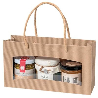 Geschenk-Tragetaschen offene Welle naturfarben, quer mittel, mit Fenster 24,8 + 7,3 x 13,5 cm, 20 Stück