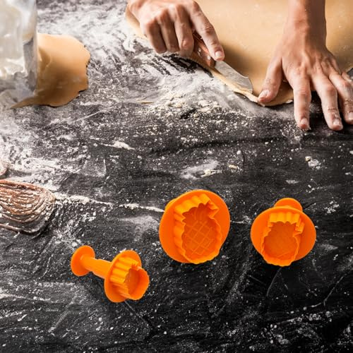 Juego de 3 moldes para galletas de frutas, cereza, piña, fresa, uva, moldes 3D de plástico para pasteles, pasta de azúcar, decoración para tartas, ideales para niños y fiestas, 3 tamaños (piña)