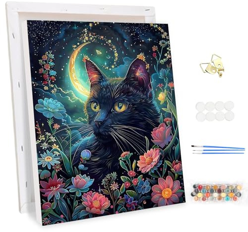 MEIYUDA Malen Nach Zahlen Erwachsene mit Rahmen, DIY Set Erwachsene Katze Mond Bastelset, 3 Pinsels Und Acrylfarbe DIY Handgemalt öLgemäLde Kit Als Geschenk und Home Haus Deko 30x40cm