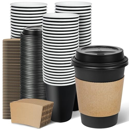 Ginkgo 100 Pack 12 oz Disposable Coffee Cups with Lids and Sleeves, To Go Leak-Proof Black Paper Cups for Picnics, Parties, Travel, Offices and Coffee Bar Supplies