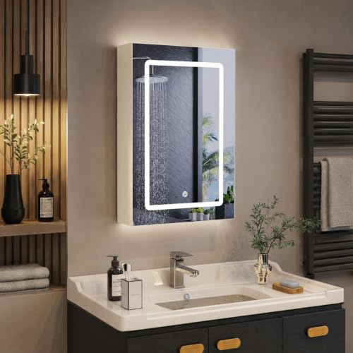 Fofetbfo Spiegelschrank Bad mit Beleuchtung 50x14x70cm, Einzeltür Badezimmerschränke mit Spiegel und Offener Speicherplatz, Badspiegel, Touch-Schalter, 3 Lichtfarbe Einstellbare, für Badezimmer, WC