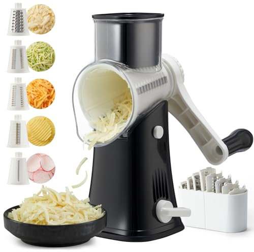 Rallador de queso, manivela giratoria 5 en 1 con fuerte succión, fácil de limpiar para frutas, verduras y frutos secos, herramienta de cocina ideal