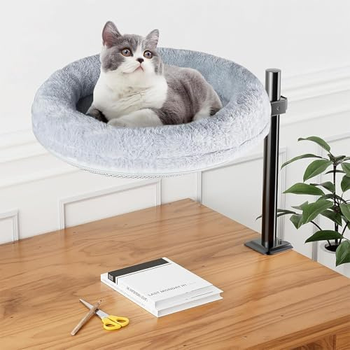 Daguxer Katzenbett für Schreibtisch - 360° drehbar & höhenverstellbar, Hält Kätzchen Katze nah und Arbeitsbereich Klarer Katzenkasten mit Haustier-Kissen