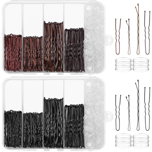 dusaniyali 600 Haarnadeln Bobby Pins,U Haarklammern Haarspangen in Schwarz Braun,Metall Wellenform Haarnadel mit 200 Haargummis Aufbewahrungsbox für Damen Mädchen,Locken Fixieren Hair Accessories