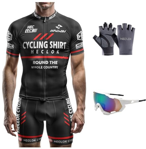 HECLOK Radtrikot Set Herren Kurzarm – 9D Sitzpolster, Atmungsaktiv | Schnell trocknend, 9D Sitzpolster, 3 Rückentaschen, für MTB und Rennrad geeignet