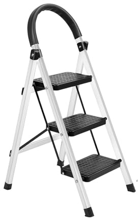 yoakaiax Klappbarer Tritthocker mit 3 Stufen, mit breitem Anti-Rutsch-Pedal, stabile Stahlleiter, 3-stufiger Hocker für Erwachsene, tragbarer Stahl-Stufenhocker, 150 kg Kapazität, Weiß