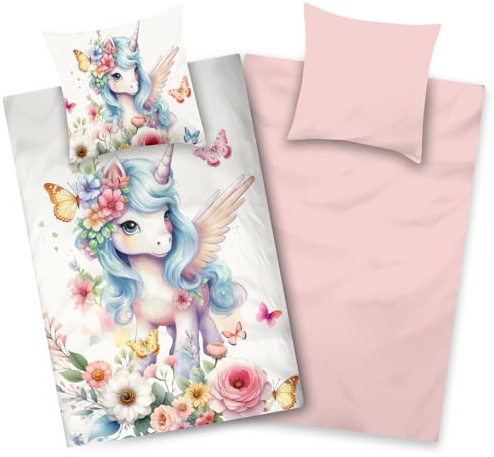 Aminata kids Bettwäsche 135x200 aus 100% Baumwolle | Mädchen-Bettwäsche-Set mit niedlichem Einhorn & Pegasus Motiv | Wende-Kinderbettwäsche weiß rosa mit YKK-Reißverschluss