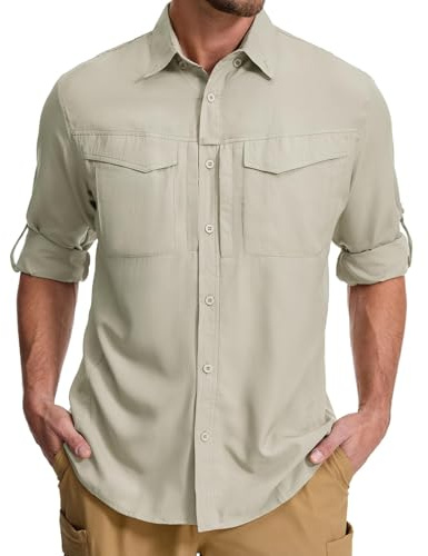 Asfixiado Chemise pour Homme Safari UPF50+ Protection UV Manches Longues Chemise de Randonnée pour Homme Chemise Fonctionnelle Chemise Outdoor Chemise Respirante Séchage Rapide, Kaki clair, S