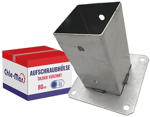 Chle-Mar Pfostenträger zum Aufschrauben 80 mm aus verzinktem Stahl | Verstellbarer Pfostenhalter für Holzpfosten & Zaunbau, Einschraubbarer Balkenschuh, Stabiler Pfostenanker für Zaun- & Holzbau