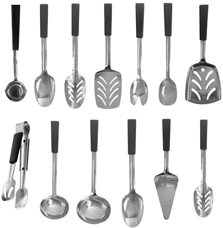 Le Buffet 13 Piece Full Set Black Kitchen Utensils: Serving Tongs, Cake Slice, Soup Ladle, Sauce Ladle, Kitchen Tongs, Spatula, Salad Fork, Salad Spoon, Serving Spoon, Chip Scoop, Slotted Spoon