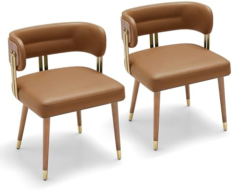 VBANPA Modern Mid-Century Upholstered Leather Dining Chairs Set of 2 with Thick High-Resilience Foam, Walnut Wood Veneer,Dining Chairs with Anti-Slip Pads,Light Brown