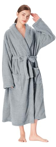 Catalonia Classy Long Dressing Gown Womens, Fluffy Ladies Fleece Bathrobe, Soft Warm Thick House Coats Plush Shawl Collar Robe Men, L, Gray