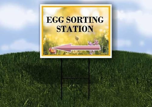 Egg Sorting Station Spring Flowers Yellow Field Left Arrow Single Sided 18x24 in. Yard Road Sign w/Stand