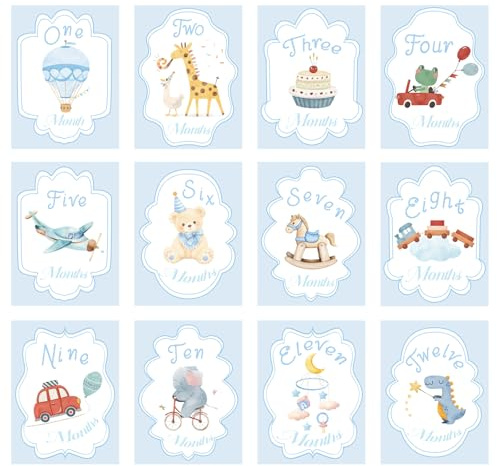 12uds Tarjetas Hitos de Acuarela, 18x13,5cm 12 Estilos Tarjetas Hitos Mensuales Bebe Niño para Baby Shower Accesorio Fotográfico para Recién Nacidos