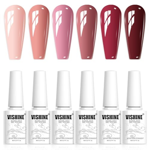 Vishine Set di smalti semi-permanenti, 6 colori bordeaux, rosso vino, nudo, rosa, viola, beige, gel, soak off UV/LED, per manicure autunno fai da te