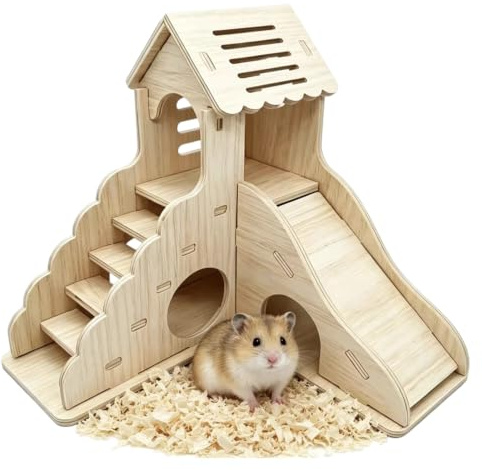 Pyralidsg Maison Hamster, Maisons Hamsters en Bois avec Escalier et Toboggan, 17 x 16.6 x 17CM Multifonctionnelle Hamster Accessoire, pour Hamsters Nains, Gerbilles et Rongeurs