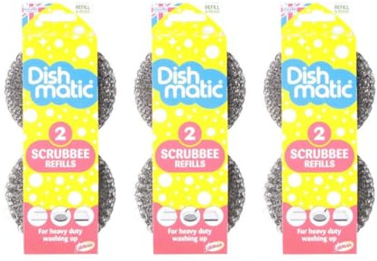 Dishmatic Scrubbee Steel Scrubber Refills for Heavy Duty Washing Up, 2 Scrubbee Pack Of 3
