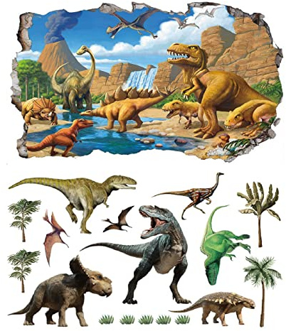 2Pcs Dinosaurier Dino Urzeit T-rex Wandtattoo 3D Effekt Wandsticker XXL Wanddurchbruch Tiere Fenster Wandaufkleber für Kinderzimmer Jungenzimmer v12 Größe 1000 mm breit x 600 mm tief (groß)