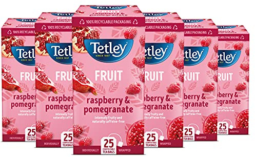 Tetley Raspberry & Pomegranate String & Tag Envelopes 6 x 25 Teabags | Fruit Tea, Caffeine-Free, Single Serve Envelopes, 185+ Years of Tea Heritage, Rainforest Alliance Certified, Multipack