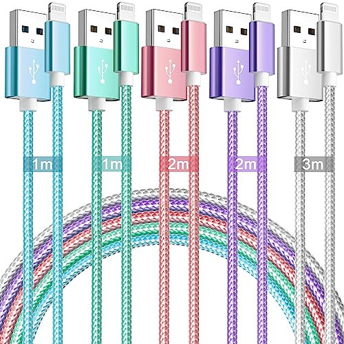 MAIMEITE Câble iPhone Chargeur[1m+2m+3m/Lot de 5] Cable Lightning Certifié MFi iPhone Nylon Tressé Résistant Fil Charge Rapide Compatible avec iPhone 14 13 12 11 Pro Max XS XR X 8 7 7Plus/6/5/SE,iPad