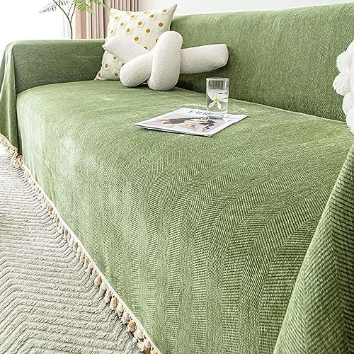 Mesnt Bezug für Sofa, Chenille Sofaüberwurf Decke Couch Fischgrätenmuster, einfarbig, mit Quaste Grün, 180x400CM