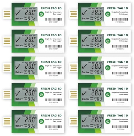 Freshliance Temperatur Datenlogger mit großem LCD-Bildschirm, 30000 Messwerte hohe Genauigkeit Einweg-Temperaturrecorder mit PDF&CSV-Berichte 7 Tage 10 Packung, Fresh Tag 1D