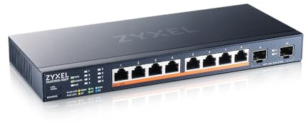 Zyxel Netzwerk Switch 8 Port | Smart Managed PoE++ | XMG1915-10EP | 8x 2.5G PoE++ mit 130W Budget + 2x 10G SFP+ Ports, Lüfterlos, NebulaFlex, VLAN, QoS, IGMP Snooping, Wandmontage Kit Enthalten