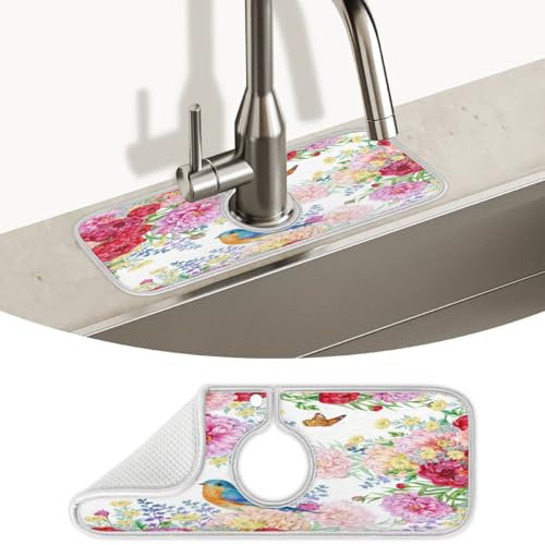 Spritzschutz für Küchenspüle, Motiv: Blume, Vogel, Schmetterling, Küchenspüle, Wasserhahnmatte, super saugfähig, Mikrofaser, Abtropfmatte, Spritzschutz hinter dem Wasserhahn, Tropfenfänger für Küche,