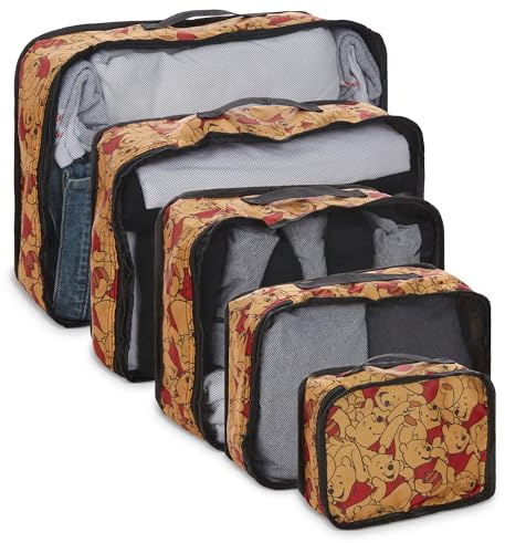 Disney Minnie Mickey Stitch – Lot de 5 cubes d'emballage de compression Winnie l'ourson, princesse Cendrillon, voitures, Toy Story – Essentiel de voyage – Ensemble de rangement de valises dorées