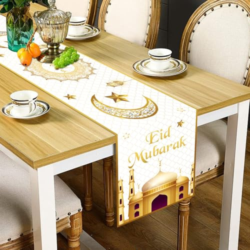 Eid Ramadan Mubarak bordslöpare, 33 x 183 cm stjärna måne moské dekorativ islamisk Eid Adha bordsskydd polyester bordsskydd dekor för hem matsal islam muslimsk fest dekoration festgåvor (C)