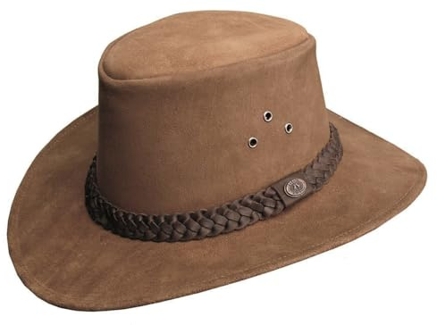 Outbacker Wildleder Cowboy-Hut mit geflochtenem Hutband mit hohem UV Schutz, Größe S und XXL Farbe braun, Größe S I 54-55 cm