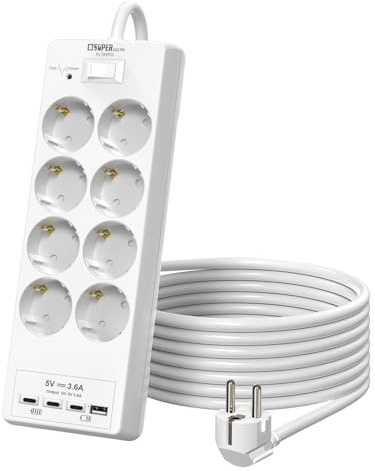 Steckdosenleiste 8-Fach mit USB (2 USB-A 2 USB-C),Wandmontage(4000W),Steckdose mit Schalter und 2M Kabel Steckdosenleiste Wandmontage für Smartphones, Laptop