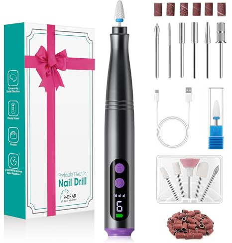 Torno para Uñas Profesional 12 in 1 Lima Eléctricas Uñas USB para Uñas de Gel y Acrílicas Manicura Pedicura Eléctrico Recargable 9 Velocidad Ajustable Nail Drill