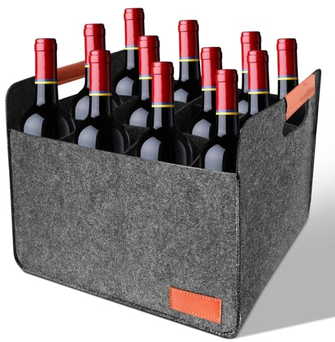 DEECOZY Flaschenträger mit 12 Fächer, Filz Flaschentasche, Wiederverwendbare Tragetasche mit Trennwänden, Wein Halter Bier Flasche Tasche Getränketasche Flaschenkorb für Party Reise Picknick-Grau
