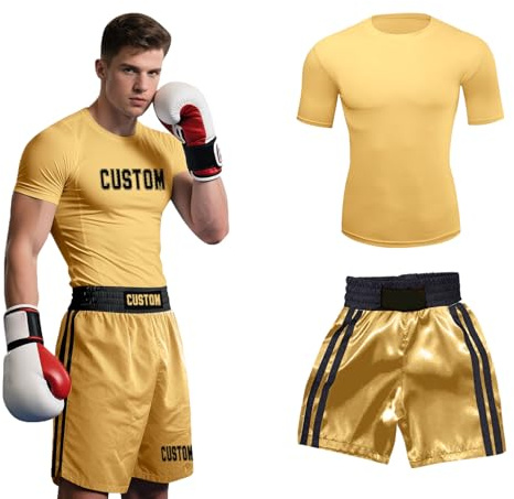 Personalised Boxing Shorts Set Custom Name & Pattern Top with Fight Trunks for Adults and Kids Lightweight Anti-Tear Fabric with Adjustable Waist Muay Thai MMA Gear