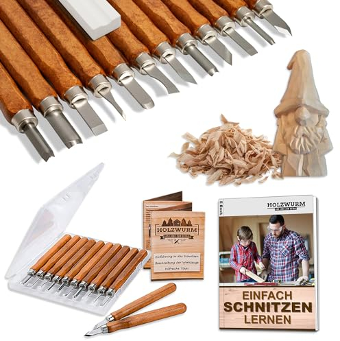 HOLZWURM Schnitzwerkzeug-Set 12-tlg inkl. Video-Schnitzanleitung und E-Book, ideales Schnitzmesser-Set zum Schnitzen von Holz, Gemüse, Obst uvm.…