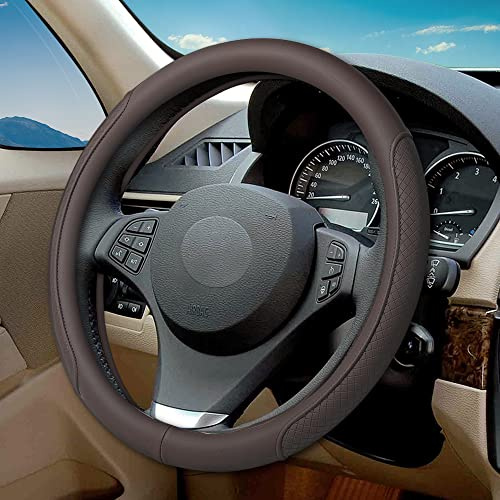 VARGTR Microfiber Leather Steering Wheel Cover with Classic Embossing, Anti-Slip Breathable Auto Car Wheel Protector, 15 Inch, Coffee