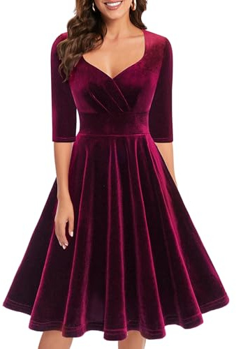 Bbonlinedress Abiti di Natale Donne 3/4 Manica Scollo a V Abiti al Ginocchio Festive Velluto Abiti Elegante Abito Inverno Abito da Cocktail Burgundy XL
