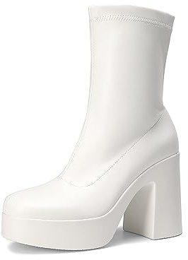 DREAM PAIRS Women's Platform Gogo Ankle Boots High Chunky Block Heel Square Toe Booties Shoes,Size 8,White,SDAB2310W