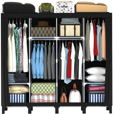 PSHUN RIGH Non-Woven Wardrobe, No Tools Required, Large Capacity, Easy Assembly, Movable, Storage Rack, Waterproof, Dustproof, Stain Resistant, Black, 67.7 x 172 cm (Black, X-Large)