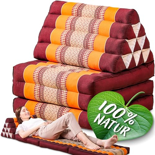 Namasdee Thaikissen 3 Auflagen 175x50x8cm mit 100% natürlicher Kapokfüllung (Orange)