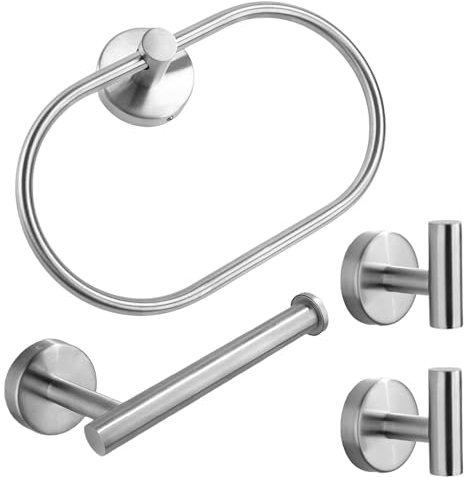Juego de 4 piezas de accesorios de baño – SUS304 cepillado montado en la pared, 1 anillo de toalla de mano, 1 soporte para papel higiénico, 2 ganchos para toallas 012-0410