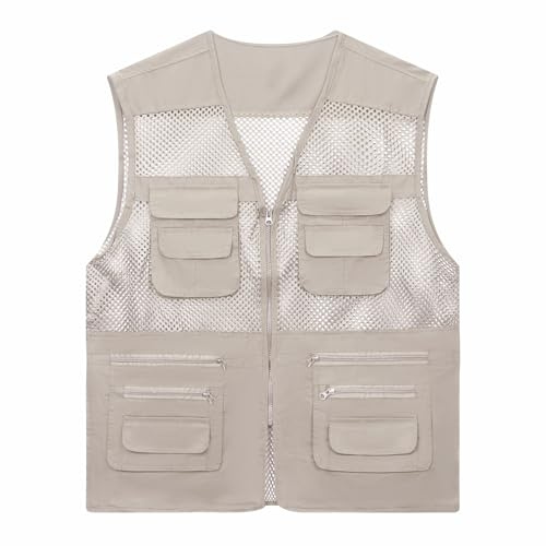 Wirltte Mens Fishing Vests Gilet Lightweight Outdoor Work Cargo Mesh Jacket With Multi Pockets Khaki M