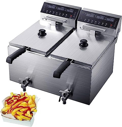Friteuse électrique avec panier commercial Friteuse à huile en acier inoxydable, friteuse à graisse avec panier amovible et élément chauffant professionnel, minuterie de friture et indicateu