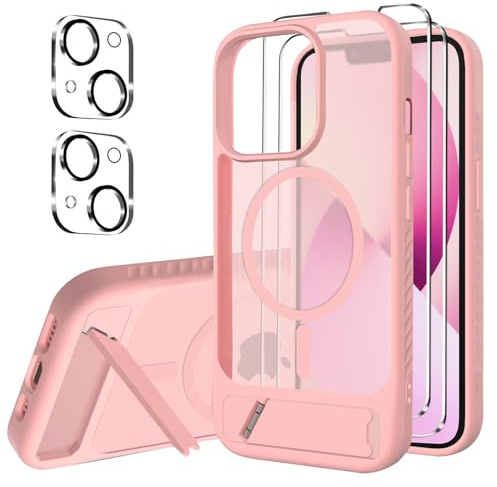 jrester Cover Magnetica per iPhone 13 con Supporto Integrato -con 2 vetri temperati e 2 vetri per fotocamera, Translucent Slim Back PC+TPU Bumper Shockproof- Rosa Opaca