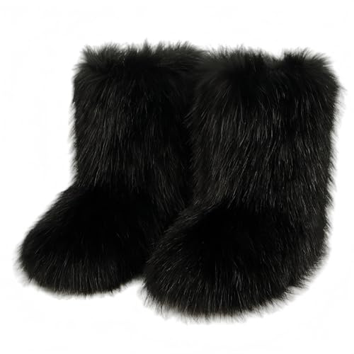 FQLGJMY Furry Faux Fur Botas de nieve de invierno fuzzy zapatos peludos de las mujeres gamuza caliente medio ternera cómodas botas de moda planas al aire libre