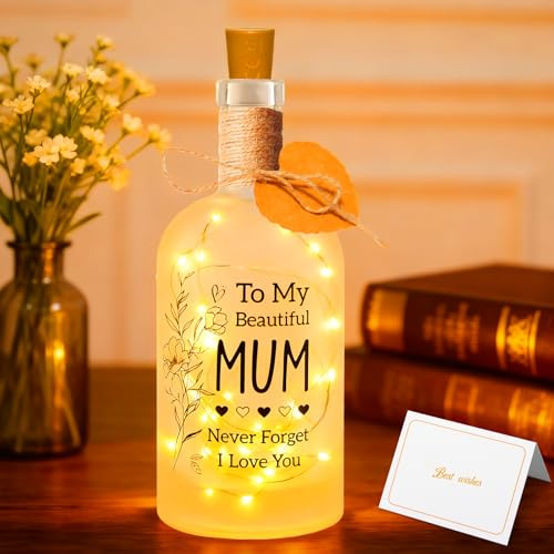 Gifts for Mum, Mum Birthday Gifts, Frosted Glass Bottle Lamp with Cork | 'To My Beautiful MUM Never Forget I Love You', Birthday Presents for Mum, Christmas Gift, Keepsake Bottle Light, Home Decor
