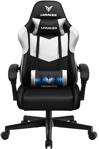GTPLAYER Gamingstol kontorsstol massage gamingfåtölj ergonomisk gamingstol, nackstöd massage ländryggskudde, vadderad spelstol, snurrstol, vit